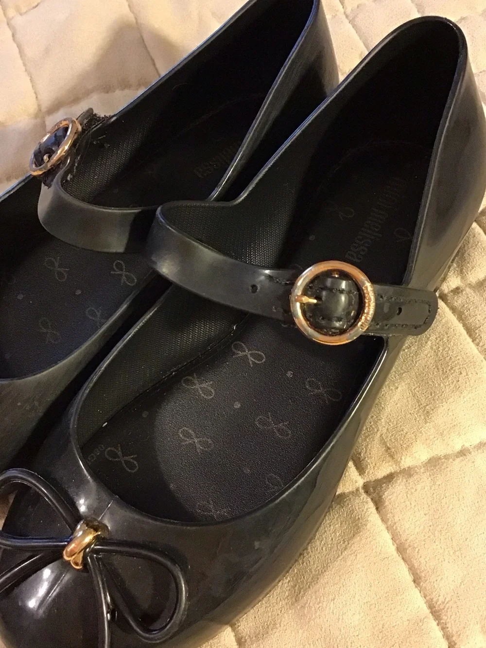 Mini Melissa Black Mary Jane Bow Flats with Gold Buckle